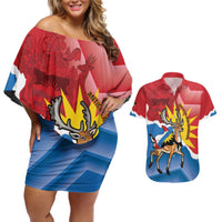 Personalised Antigua and Barbuda Independence Day Couples Matching Off Shoulder Short Dress and Hawaiian Shirt Fallow Deer With Flag - Wonder Print Shop