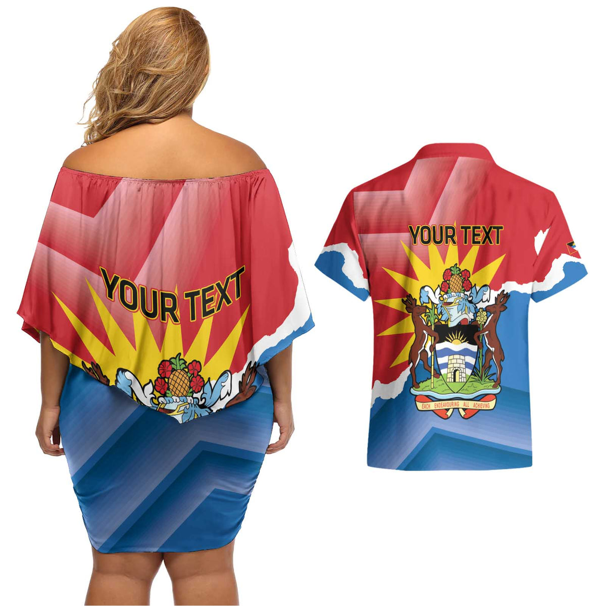 Personalised Antigua and Barbuda Independence Day Couples Matching Off Shoulder Short Dress and Hawaiian Shirt Fallow Deer With Flag - Wonder Print Shop