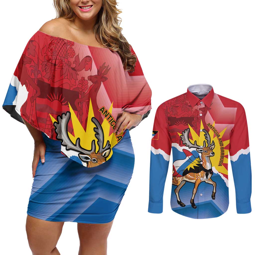 Personalised Antigua and Barbuda Independence Day Couples Matching Off Shoulder Short Dress and Long Sleeve Button Shirt Fallow Deer With Flag - Wonder Print Shop