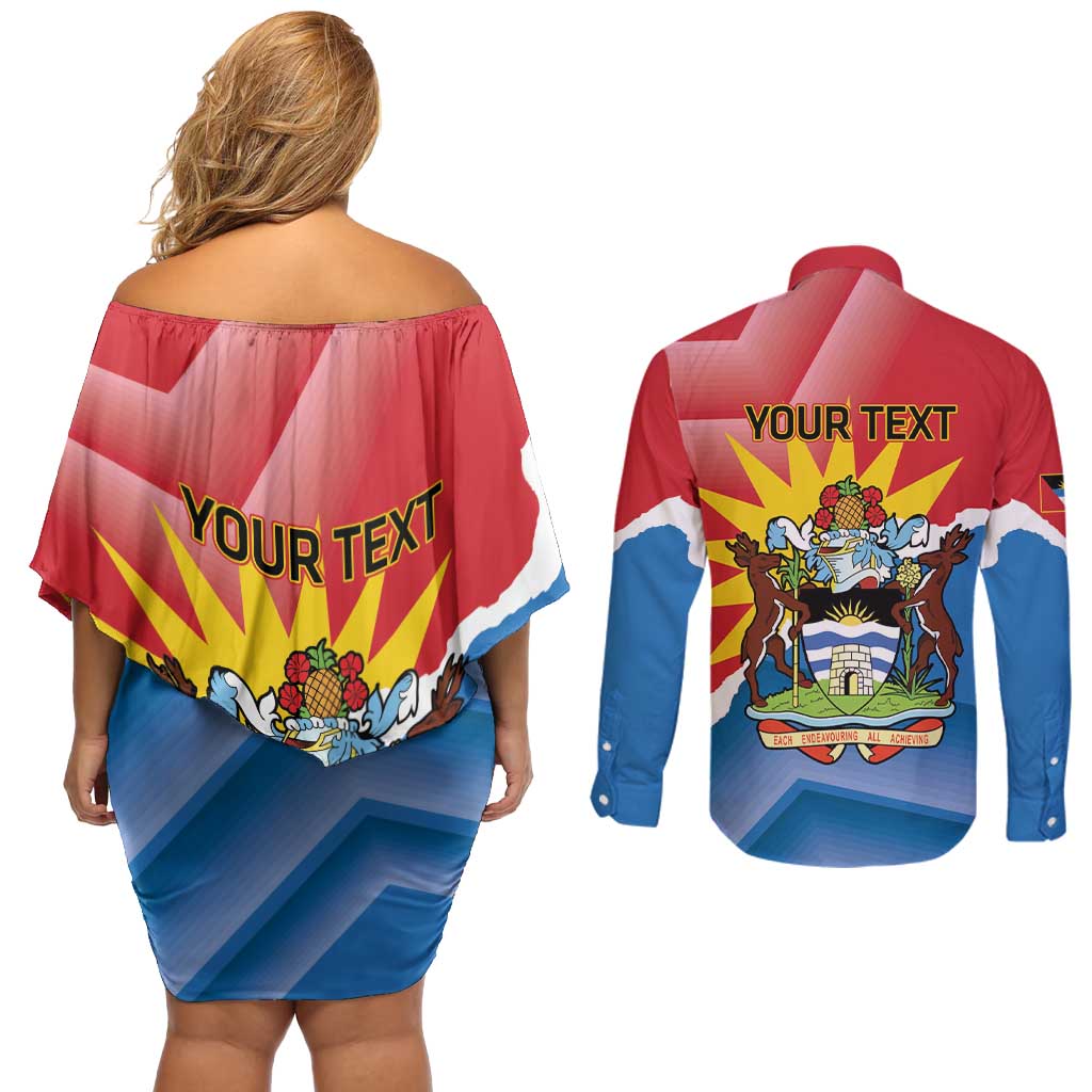 Personalised Antigua and Barbuda Independence Day Couples Matching Off Shoulder Short Dress and Long Sleeve Button Shirt Fallow Deer With Flag - Wonder Print Shop