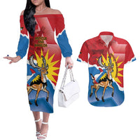 Personalised Antigua and Barbuda Independence Day Couples Matching Off The Shoulder Long Sleeve Dress and Hawaiian Shirt Fallow Deer With Flag - Wonder Print Shop