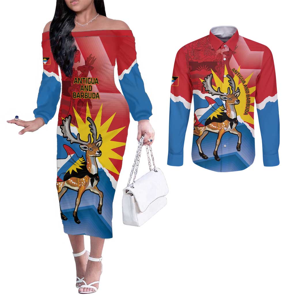 Personalised Antigua and Barbuda Independence Day Couples Matching Off The Shoulder Long Sleeve Dress and Long Sleeve Button Shirt Fallow Deer With Flag