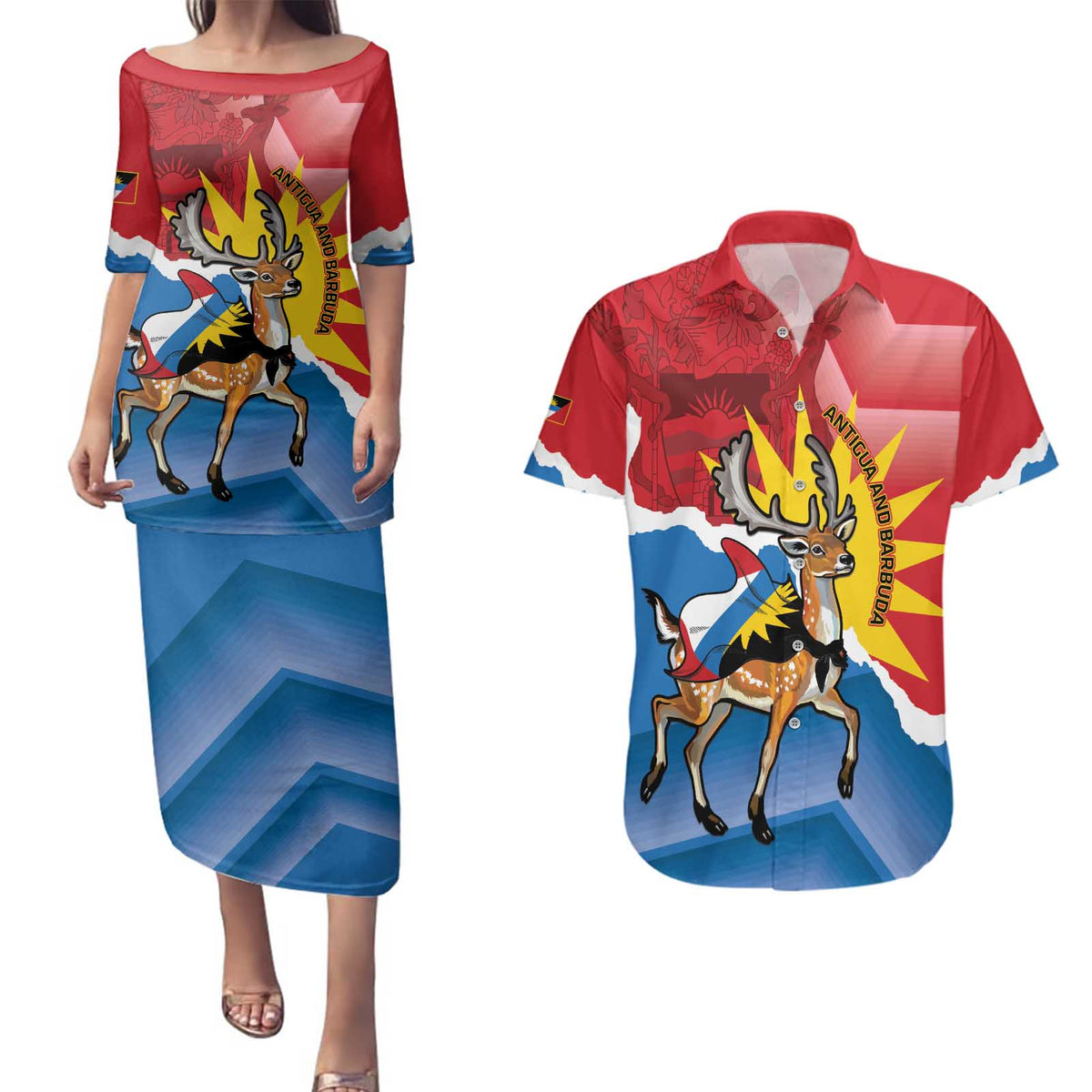 Personalised Antigua and Barbuda Independence Day Couples Matching Puletasi and Hawaiian Shirt Fallow Deer With Flag - Wonder Print Shop