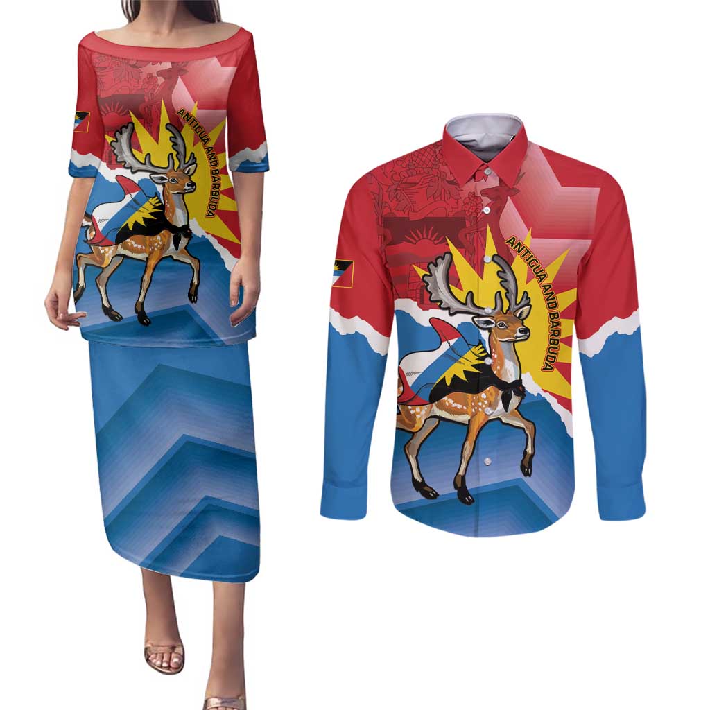 Personalised Antigua and Barbuda Independence Day Couples Matching Puletasi and Long Sleeve Button Shirt Fallow Deer With Flag - Wonder Print Shop