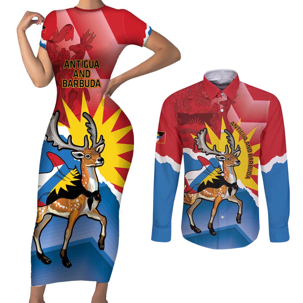 Personalised Antigua and Barbuda Independence Day Couples Matching Short Sleeve Bodycon Dress and Long Sleeve Button Shirt Fallow Deer With Flag - Wonder Print Shop