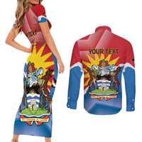 Personalised Antigua and Barbuda Independence Day Couples Matching Short Sleeve Bodycon Dress and Long Sleeve Button Shirt Fallow Deer With Flag - Wonder Print Shop