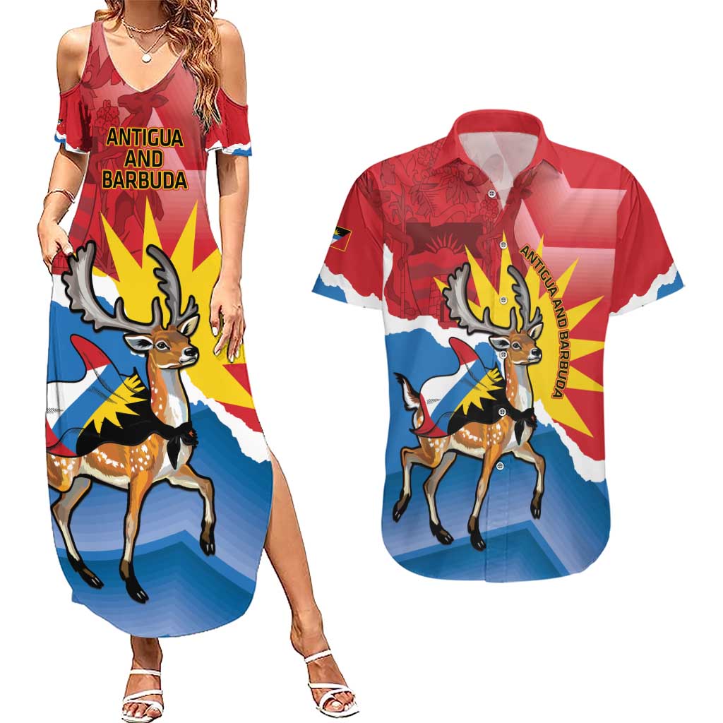 Personalised Antigua and Barbuda Independence Day Couples Matching Summer Maxi Dress and Hawaiian Shirt Fallow Deer With Flag - Wonder Print Shop
