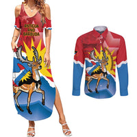 Personalised Antigua and Barbuda Independence Day Couples Matching Summer Maxi Dress and Long Sleeve Button Shirt Fallow Deer With Flag - Wonder Print Shop