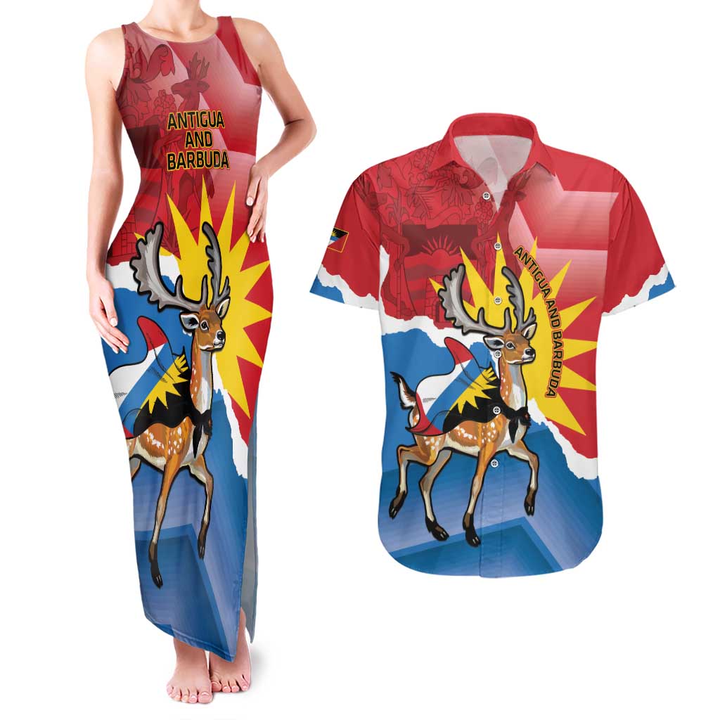 Personalised Antigua and Barbuda Independence Day Couples Matching Tank Maxi Dress and Hawaiian Shirt Fallow Deer With Flag - Wonder Print Shop