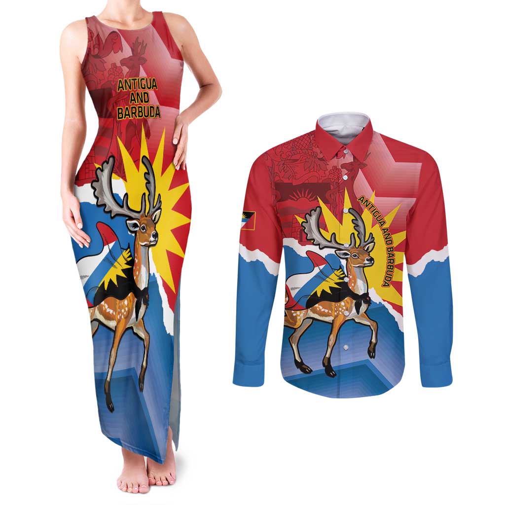Personalised Antigua and Barbuda Independence Day Couples Matching Tank Maxi Dress and Long Sleeve Button Shirt Fallow Deer With Flag - Wonder Print Shop