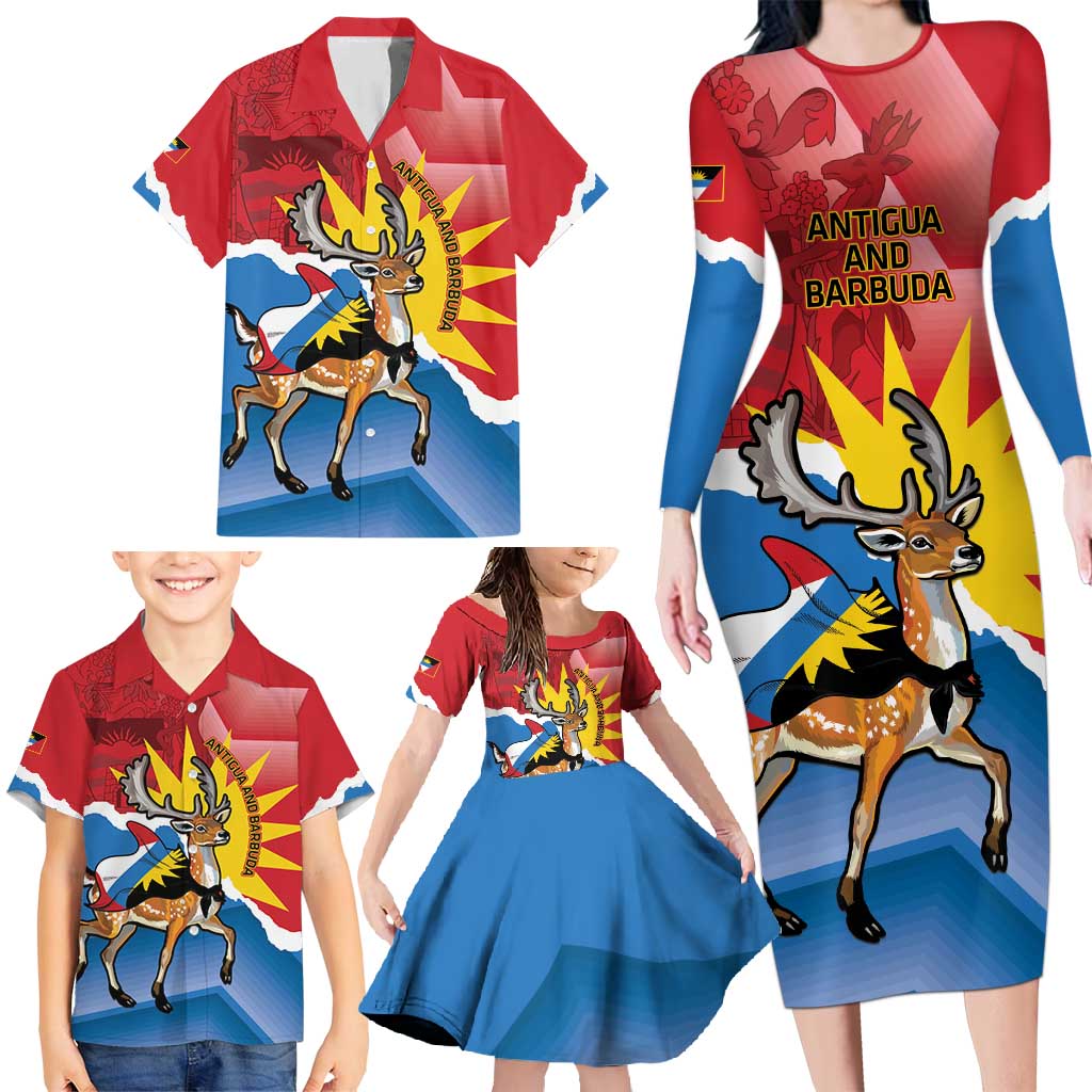 Personalised Antigua and Barbuda Independence Day Family Matching Long Sleeve Bodycon Dress and Hawaiian Shirt Fallow Deer With Flag - Wonder Print Shop
