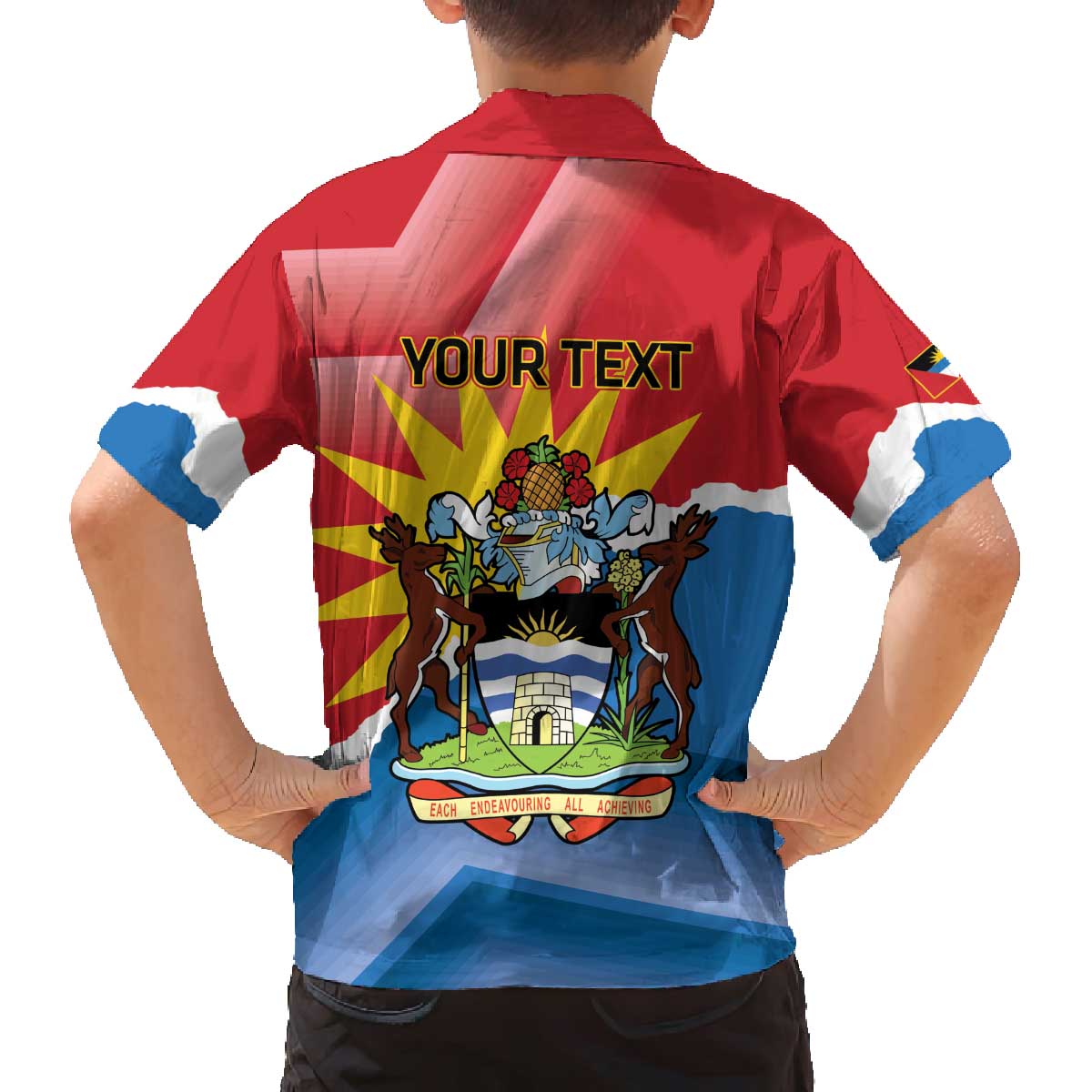 Personalised Antigua and Barbuda Independence Day Family Matching Off The Shoulder Long Sleeve Dress and Hawaiian Shirt Fallow Deer With Flag - Wonder Print Shop