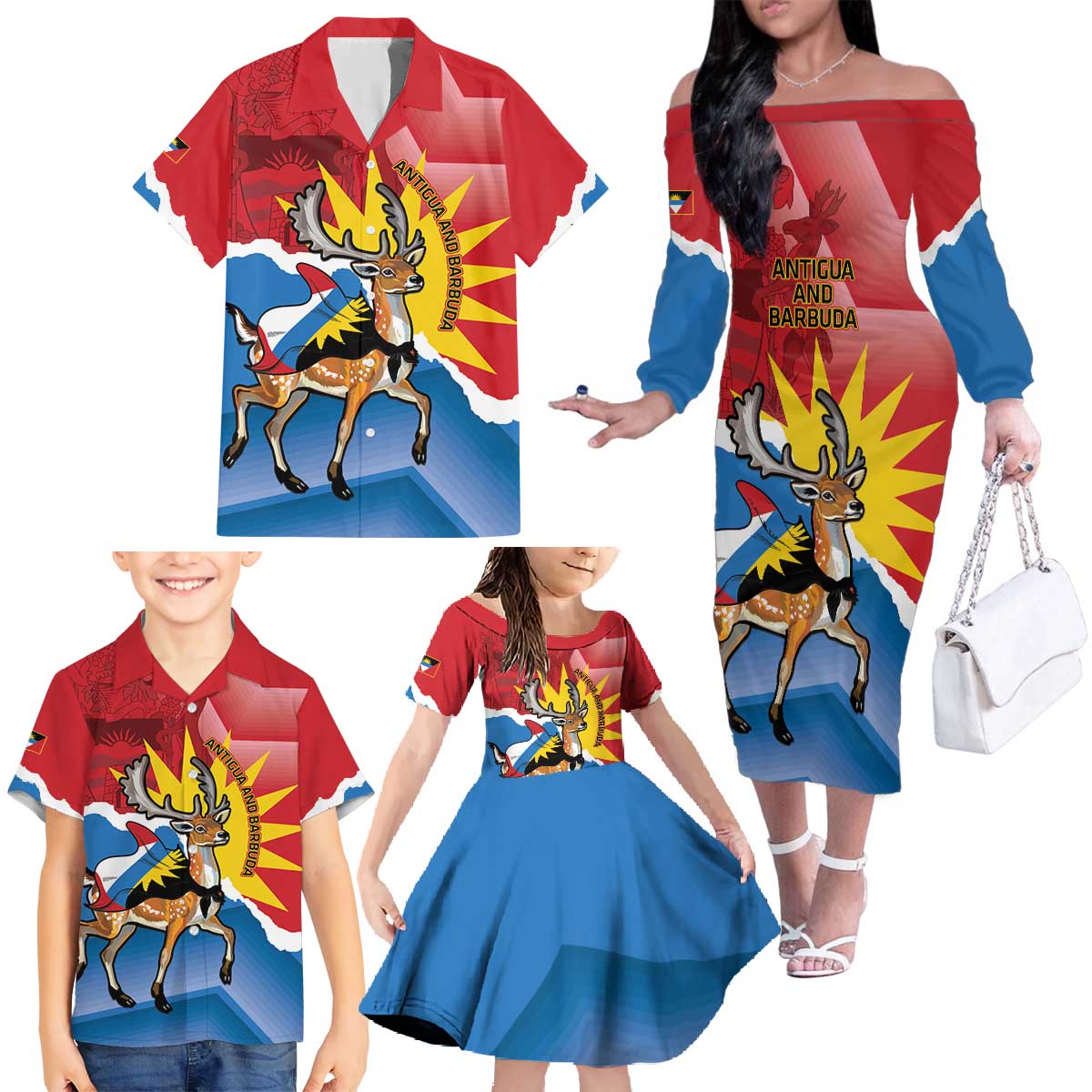 Personalised Antigua and Barbuda Independence Day Family Matching Off The Shoulder Long Sleeve Dress and Hawaiian Shirt Fallow Deer With Flag - Wonder Print Shop