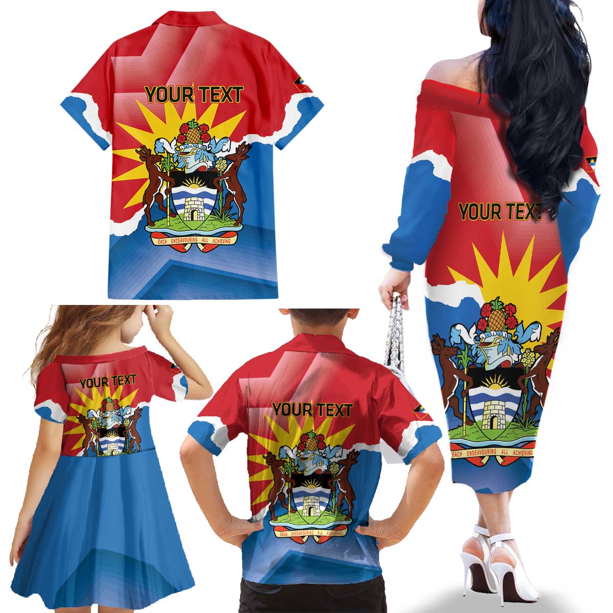 Personalised Antigua and Barbuda Independence Day Family Matching Off The Shoulder Long Sleeve Dress and Hawaiian Shirt Fallow Deer With Flag - Wonder Print Shop