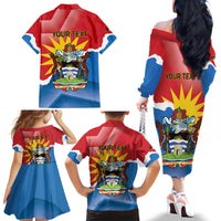 Personalised Antigua and Barbuda Independence Day Family Matching Off The Shoulder Long Sleeve Dress and Hawaiian Shirt Fallow Deer With Flag - Wonder Print Shop