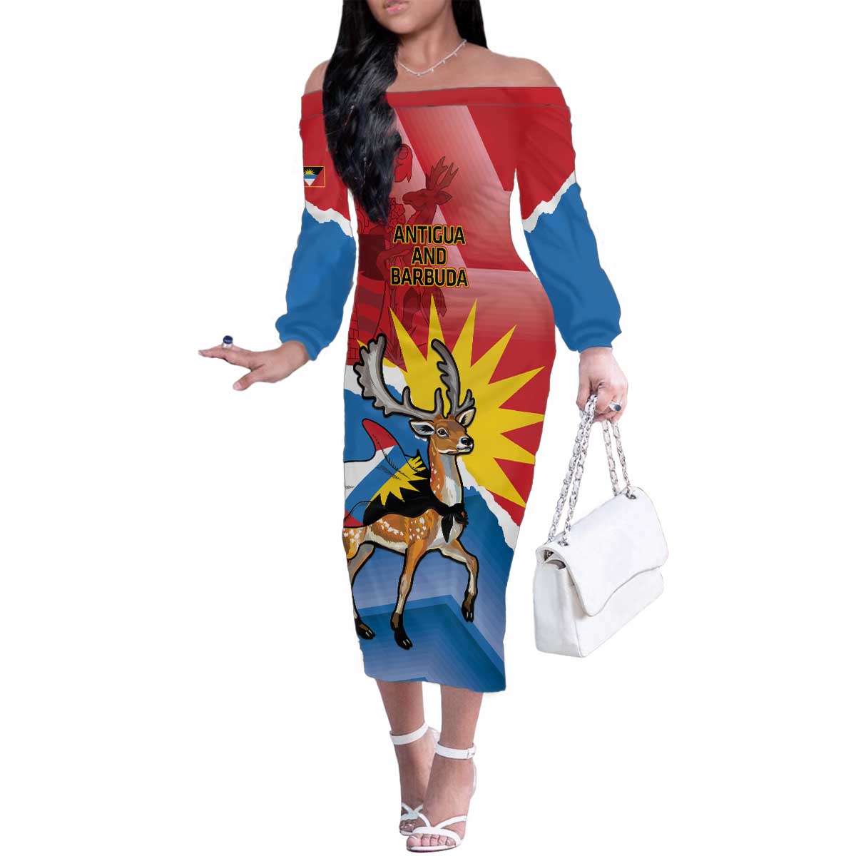 Personalised Antigua and Barbuda Independence Day Family Matching Off The Shoulder Long Sleeve Dress and Hawaiian Shirt Fallow Deer With Flag - Wonder Print Shop