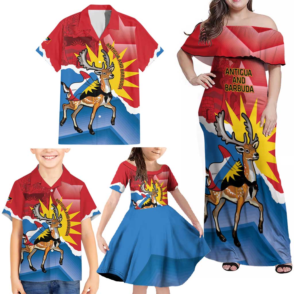 Personalised Antigua and Barbuda Independence Day Family Matching Off Shoulder Maxi Dress and Hawaiian Shirt Fallow Deer With Flag - Wonder Print Shop