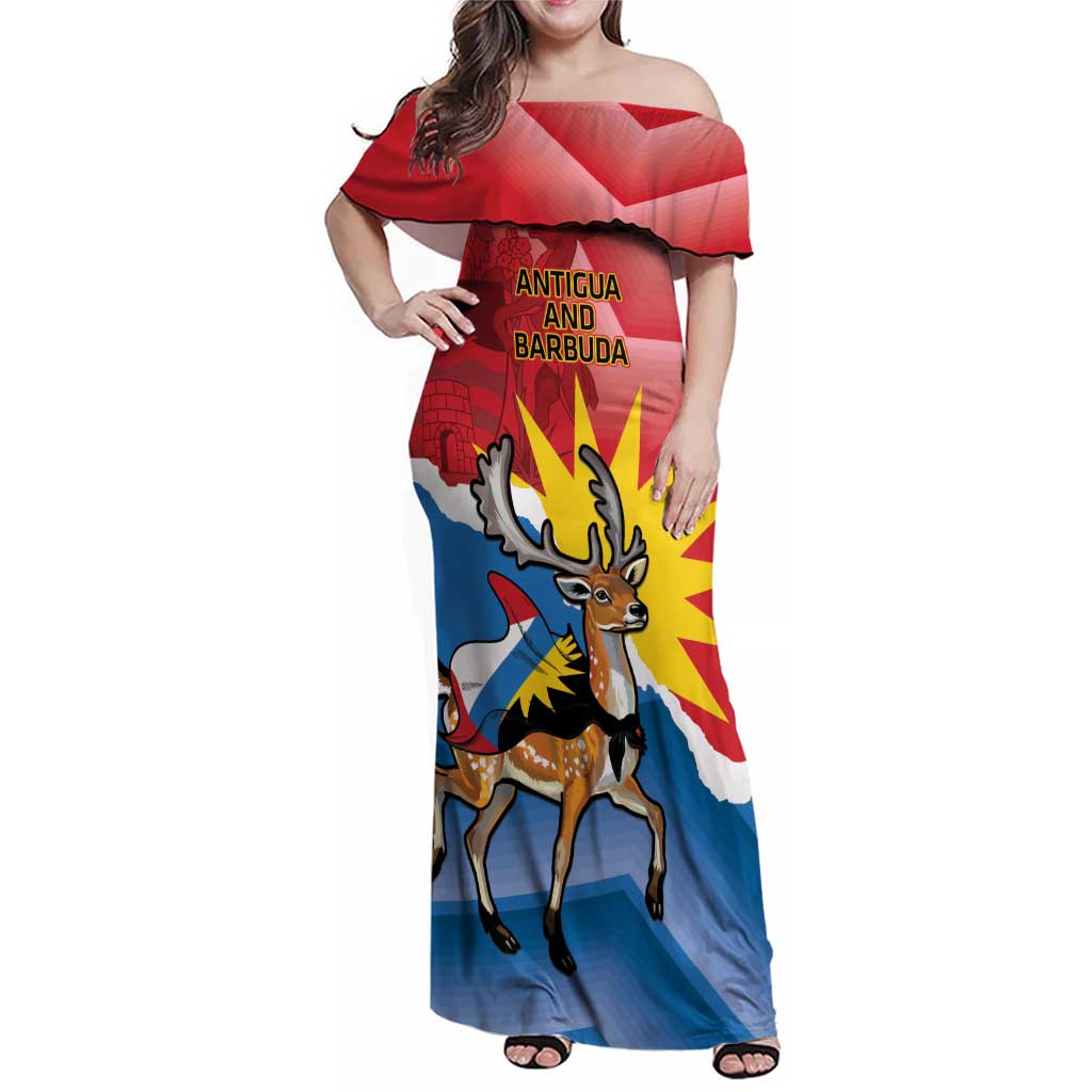 Personalised Antigua and Barbuda Independence Day Family Matching Off Shoulder Maxi Dress and Hawaiian Shirt Fallow Deer With Flag - Wonder Print Shop