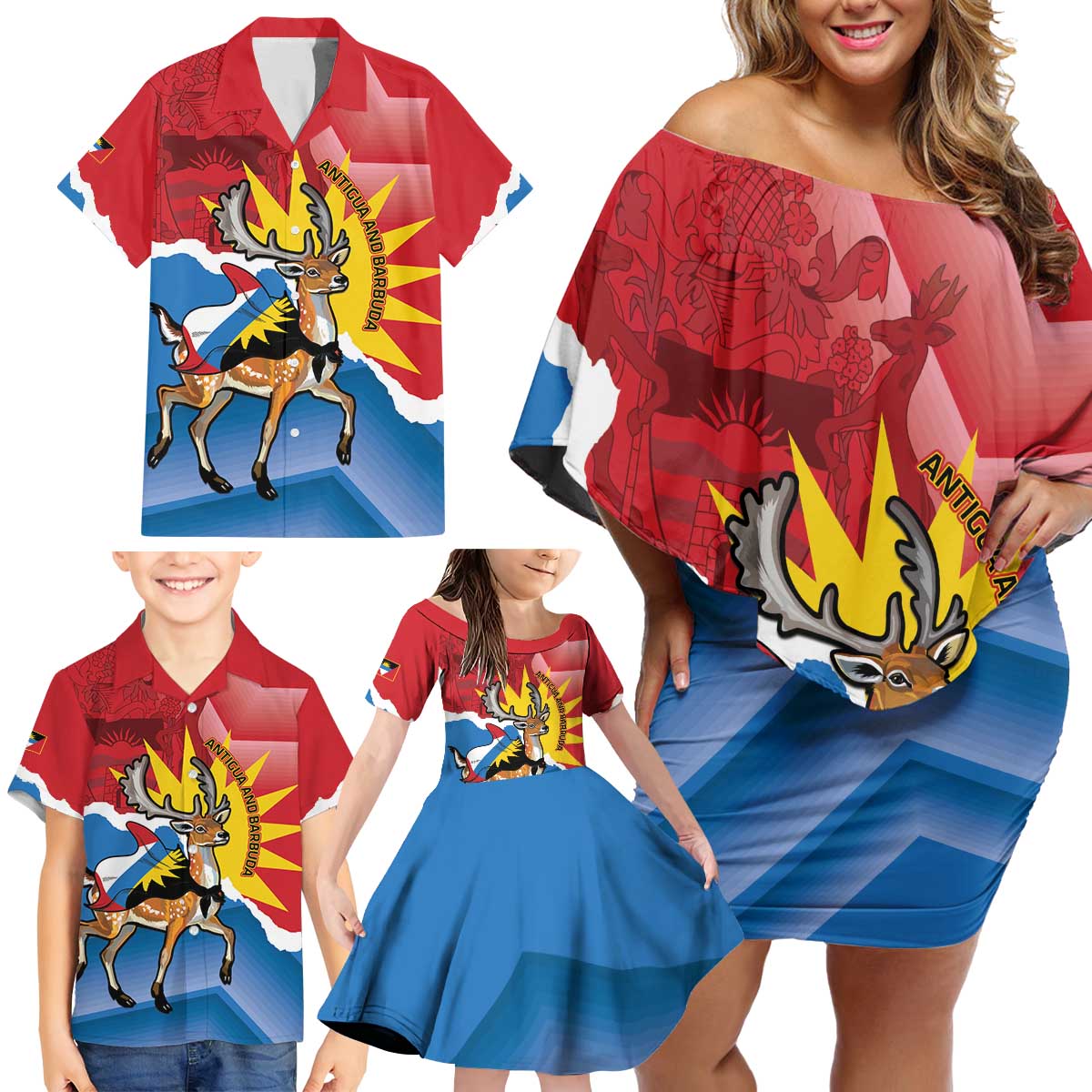 Personalised Antigua and Barbuda Independence Day Family Matching Off Shoulder Short Dress and Hawaiian Shirt Fallow Deer With Flag - Wonder Print Shop