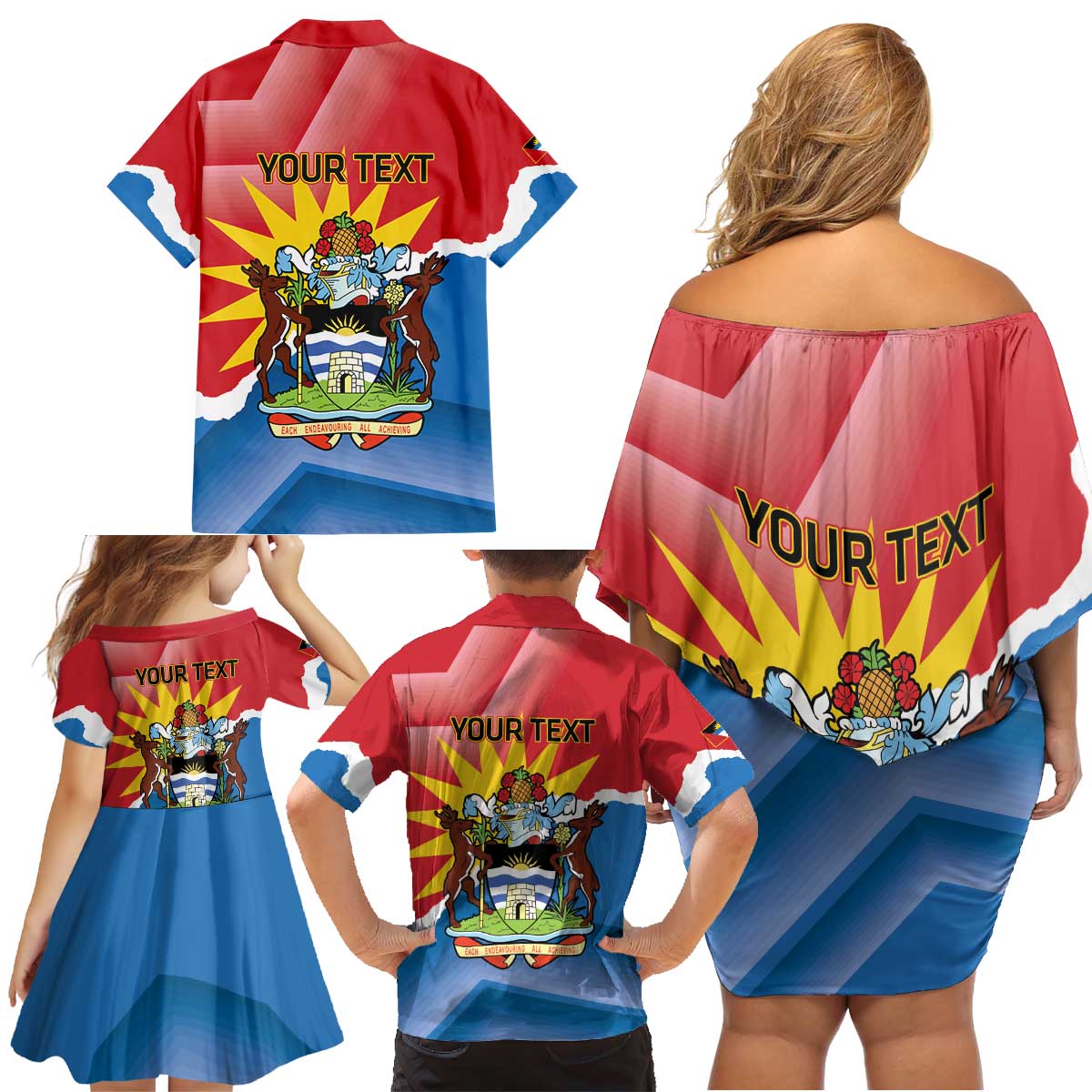 Personalised Antigua and Barbuda Independence Day Family Matching Off Shoulder Short Dress and Hawaiian Shirt Fallow Deer With Flag - Wonder Print Shop