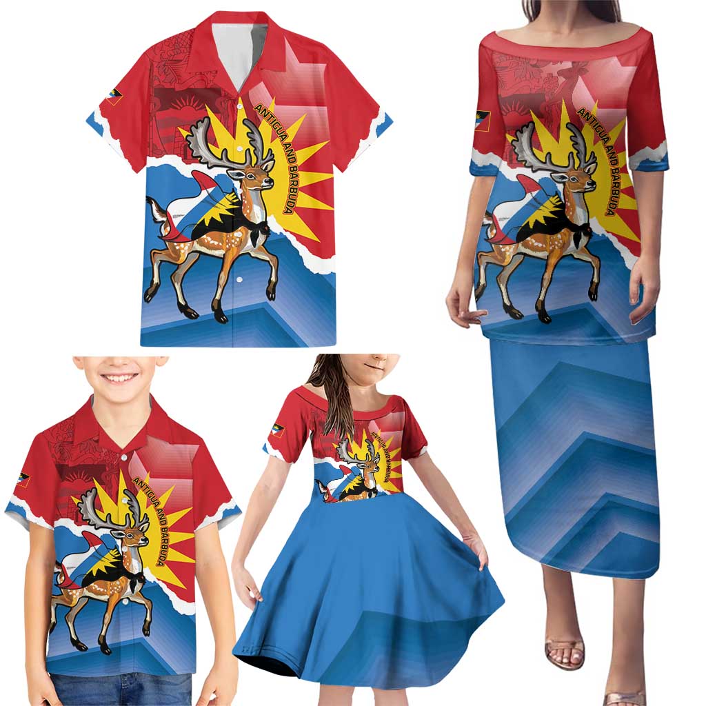 Personalised Antigua and Barbuda Independence Day Family Matching Puletasi and Hawaiian Shirt Fallow Deer With Flag - Wonder Print Shop