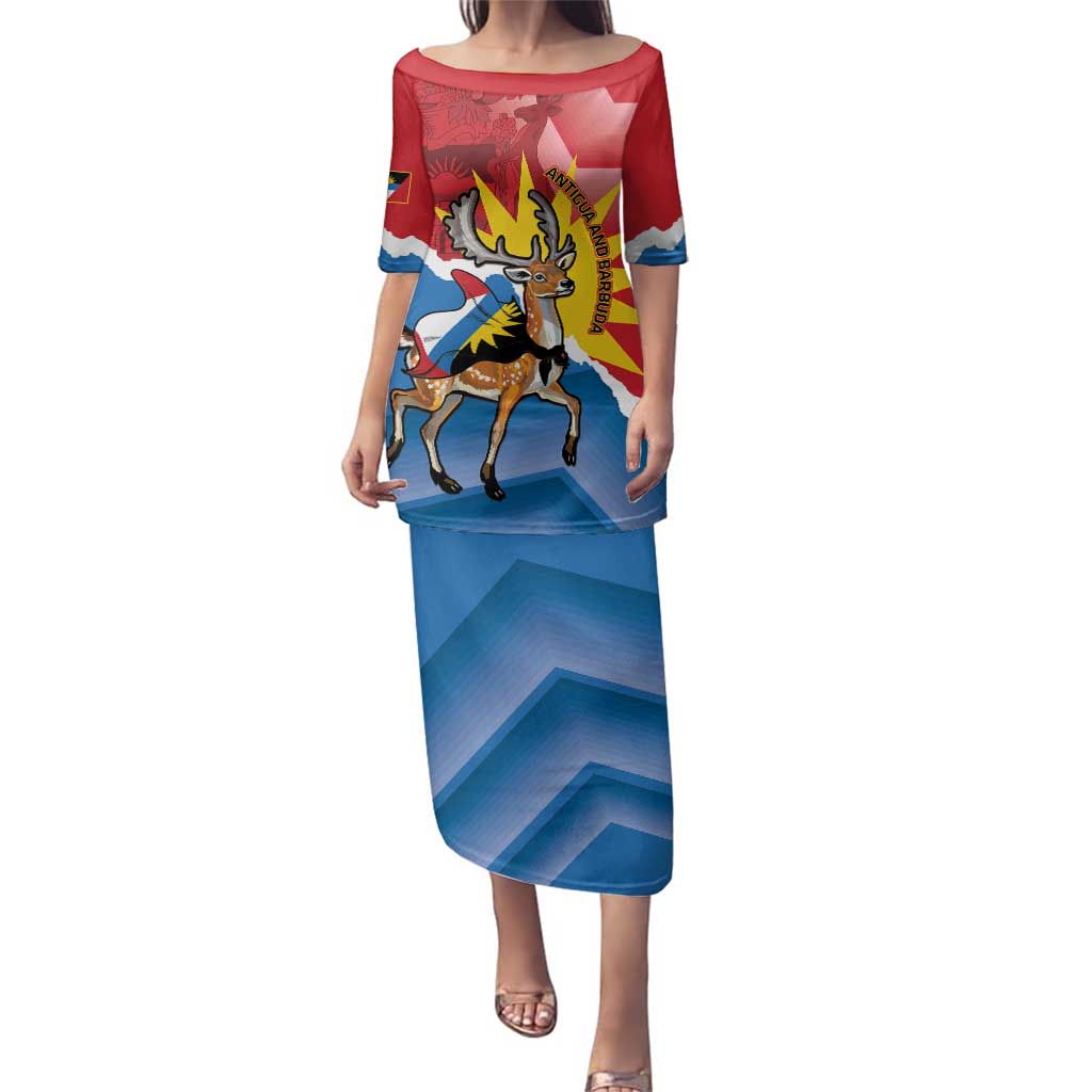 Personalised Antigua and Barbuda Independence Day Family Matching Puletasi and Hawaiian Shirt Fallow Deer With Flag - Wonder Print Shop