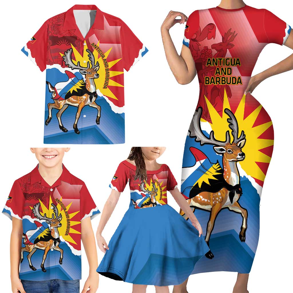 Personalised Antigua and Barbuda Independence Day Family Matching Short Sleeve Bodycon Dress and Hawaiian Shirt Fallow Deer With Flag - Wonder Print Shop
