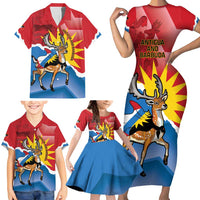 Personalised Antigua and Barbuda Independence Day Family Matching Short Sleeve Bodycon Dress and Hawaiian Shirt Fallow Deer With Flag - Wonder Print Shop