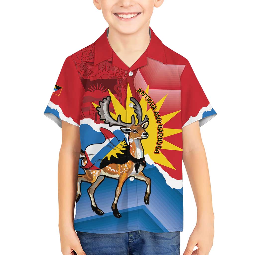 Personalised Antigua and Barbuda Independence Day Family Matching Short Sleeve Bodycon Dress and Hawaiian Shirt Fallow Deer With Flag - Wonder Print Shop