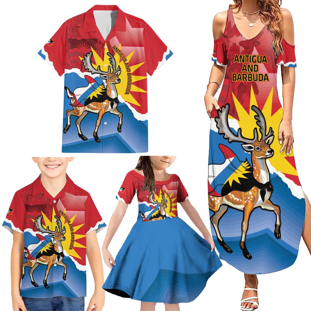 Personalised Antigua and Barbuda Independence Day Family Matching Summer Maxi Dress and Hawaiian Shirt Fallow Deer With Flag - Wonder Print Shop