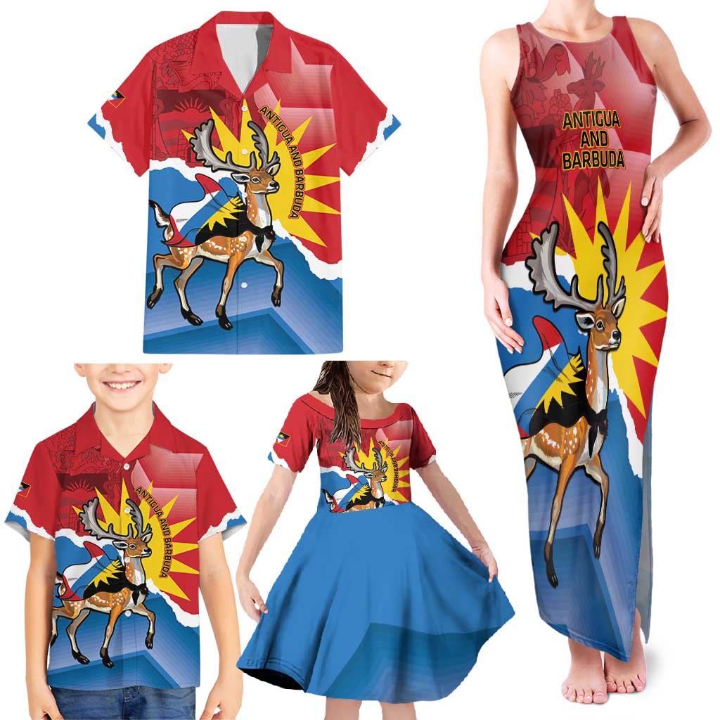 Personalised Antigua and Barbuda Independence Day Family Matching Tank Maxi Dress and Hawaiian Shirt Fallow Deer With Flag - Wonder Print Shop