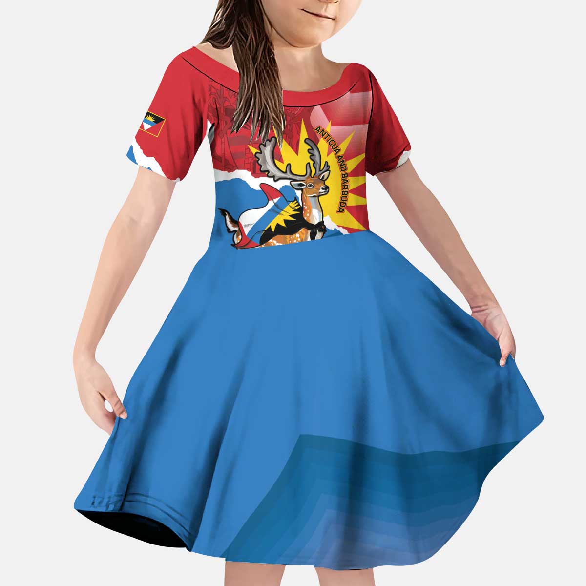 Personalised Antigua and Barbuda Independence Day Kid Short Sleeve Dress Fallow Deer With Flag - Wonder Print Shop