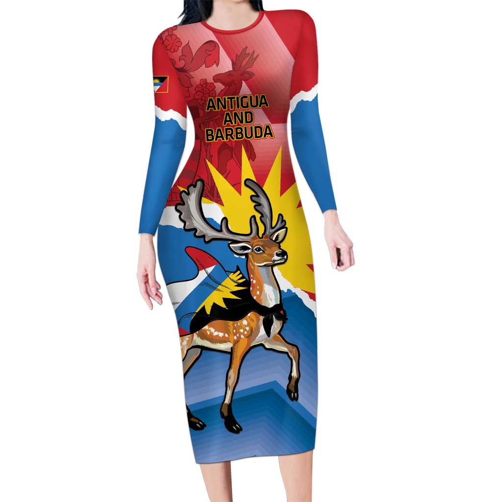 Personalised Antigua and Barbuda Independence Day Long Sleeve Bodycon Dress Fallow Deer With Flag - Wonder Print Shop