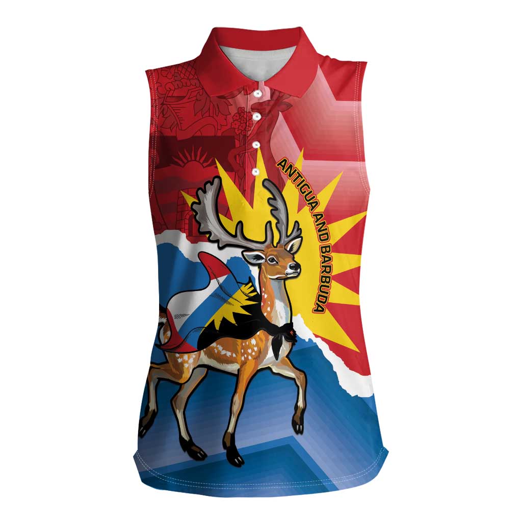 Personalised Antigua and Barbuda Independence Day Women Sleeveless Polo Shirt Fallow Deer With Flag - Wonder Print Shop