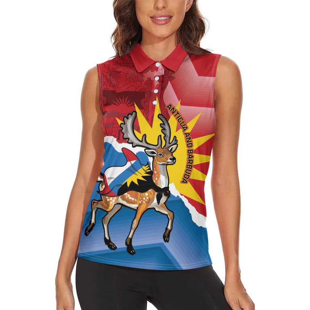 Personalised Antigua and Barbuda Independence Day Women Sleeveless Polo Shirt Fallow Deer With Flag - Wonder Print Shop