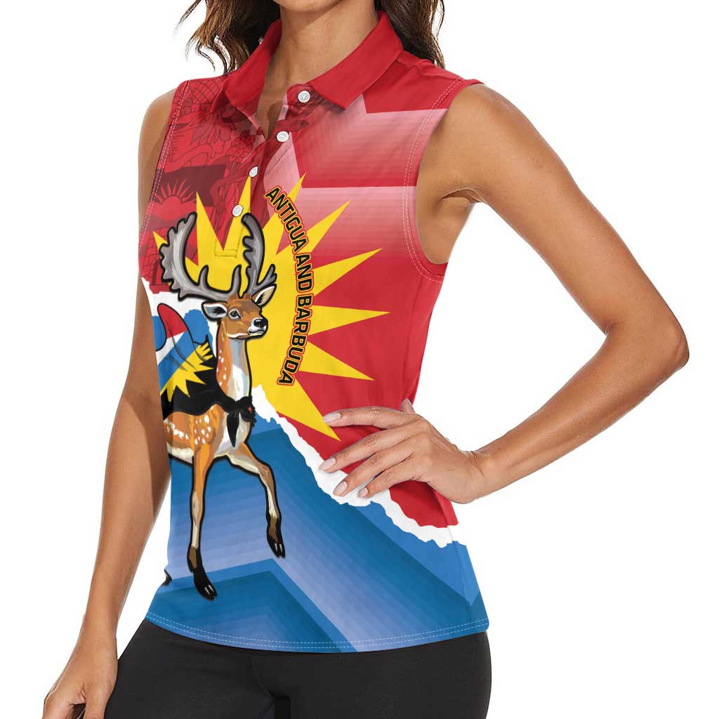 Personalised Antigua and Barbuda Independence Day Women Sleeveless Polo Shirt Fallow Deer With Flag - Wonder Print Shop