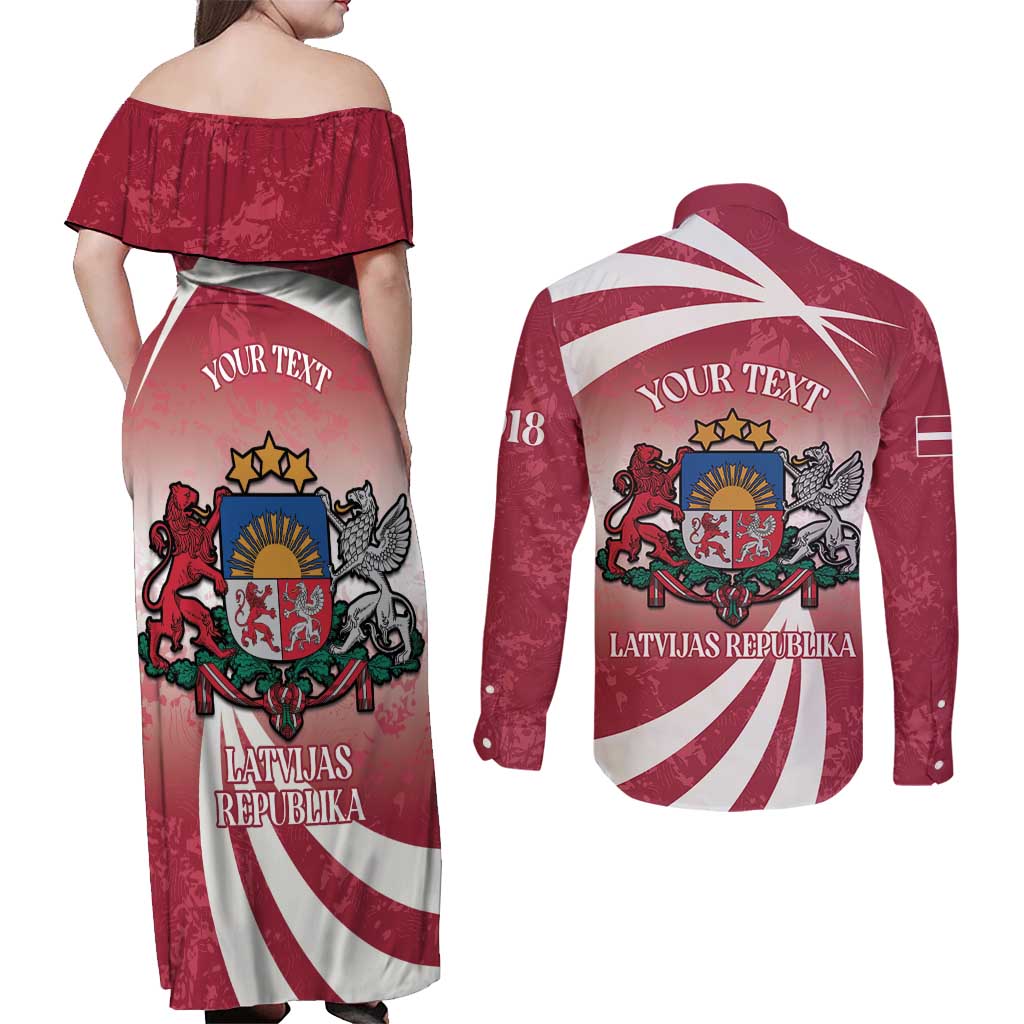 Personalised Latvia Independence Day Couples Matching Off Shoulder Maxi Dress and Long Sleeve Button Shirt Latvija White Wagtail With Map 106th Anniversary - Wonder Print Shop
