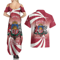 Personalised Latvia Independence Day Couples Matching Summer Maxi Dress and Hawaiian Shirt Latvija White Wagtail With Map 106th Anniversary - Wonder Print Shop
