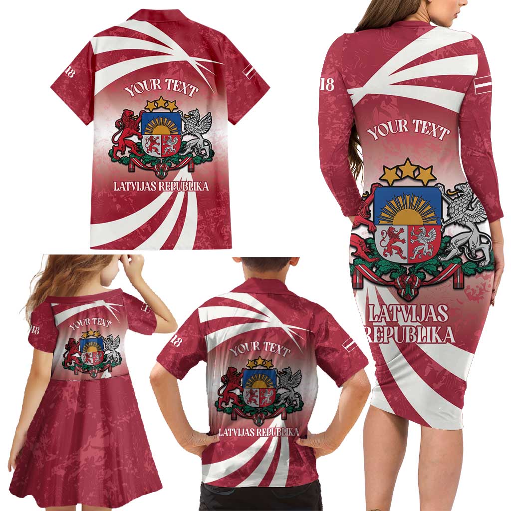Personalised Latvia Independence Day Family Matching Long Sleeve Bodycon Dress and Hawaiian Shirt Latvija White Wagtail With Map 106th Anniversary - Wonder Print Shop