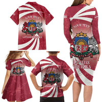 Personalised Latvia Independence Day Family Matching Long Sleeve Bodycon Dress and Hawaiian Shirt Latvija White Wagtail With Map 106th Anniversary - Wonder Print Shop