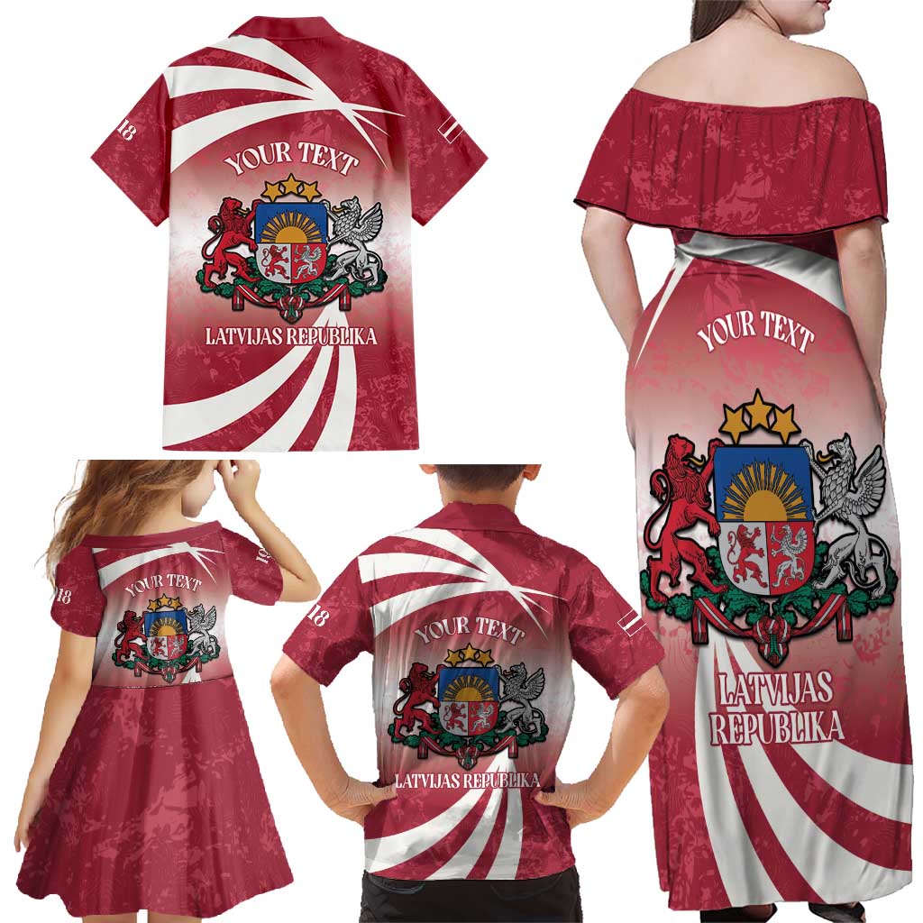 Personalised Latvia Independence Day Family Matching Off Shoulder Maxi Dress and Hawaiian Shirt Latvija White Wagtail With Map 106th Anniversary - Wonder Print Shop