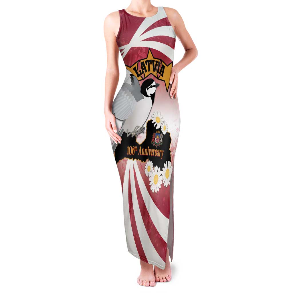 Personalised Latvia Independence Day Family Matching Tank Maxi Dress and Hawaiian Shirt Latvija White Wagtail With Map 106th Anniversary - Wonder Print Shop