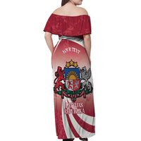 Personalised Latvia Independence Day Off Shoulder Maxi Dress Latvija White Wagtail With Map 106th Anniversary - Wonder Print Shop