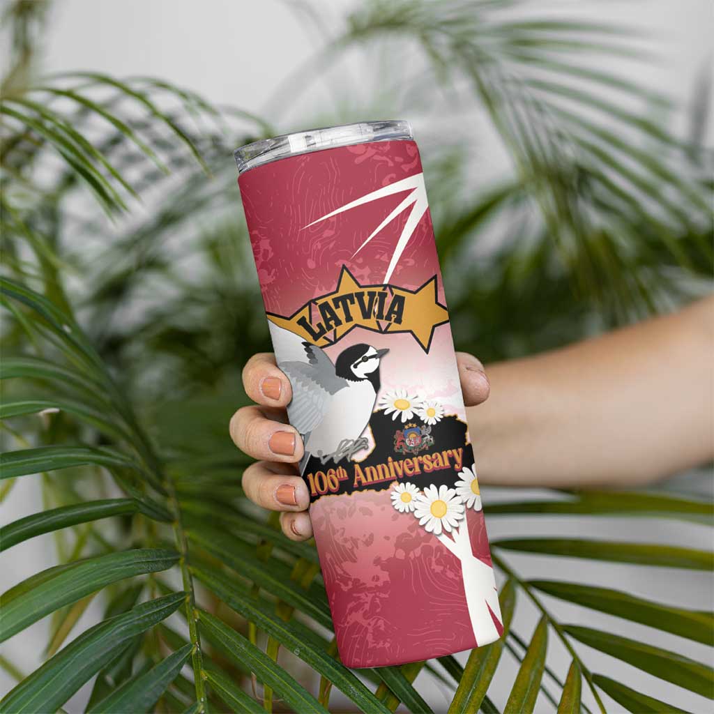 Personalised Latvia Independence Day Skinny Tumbler Latvija White Wagtail With Map 106th Anniversary - Wonder Print Shop