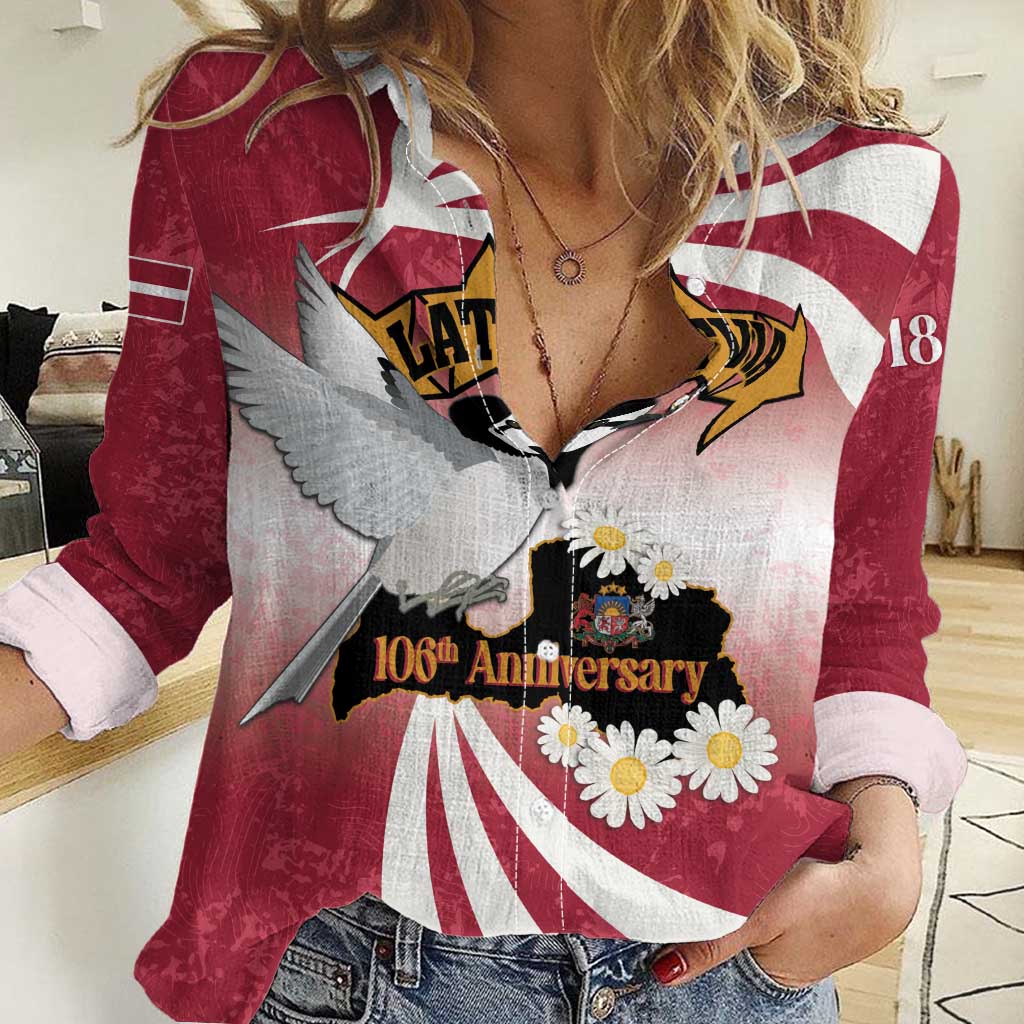 Personalised Latvia Independence Day Women Casual Shirt Latvija White Wagtail With Map 106th Anniversary - Wonder Print Shop