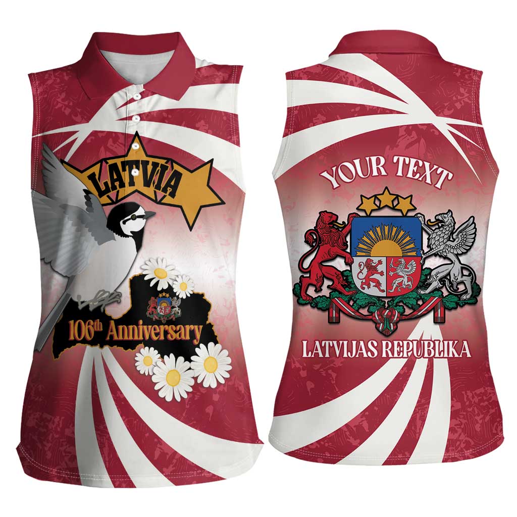 Personalised Latvia Independence Day Women Sleeveless Polo Shirt Latvija White Wagtail With Map 106th Anniversary - Wonder Print Shop