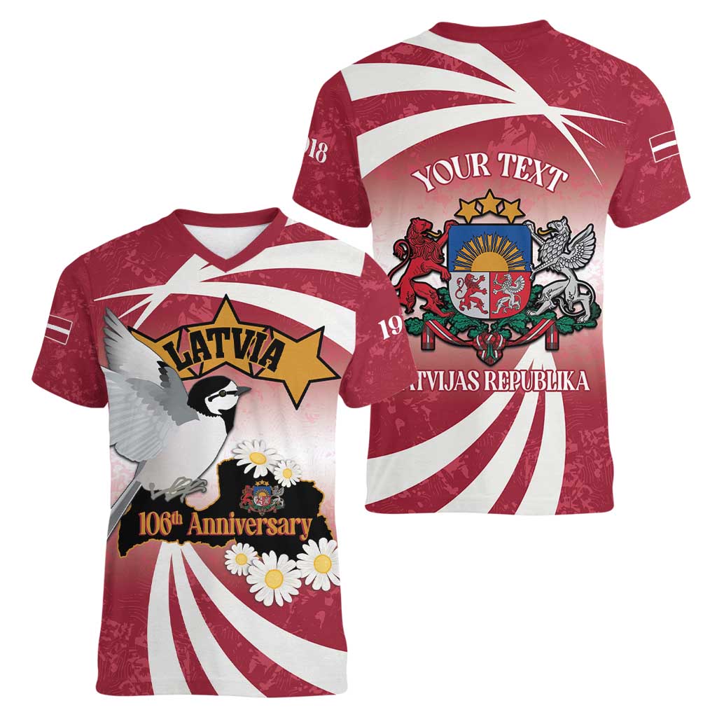 Personalised Latvia Independence Day Women V-Neck T-Shirt Latvija White Wagtail With Map 106th Anniversary - Wonder Print Shop