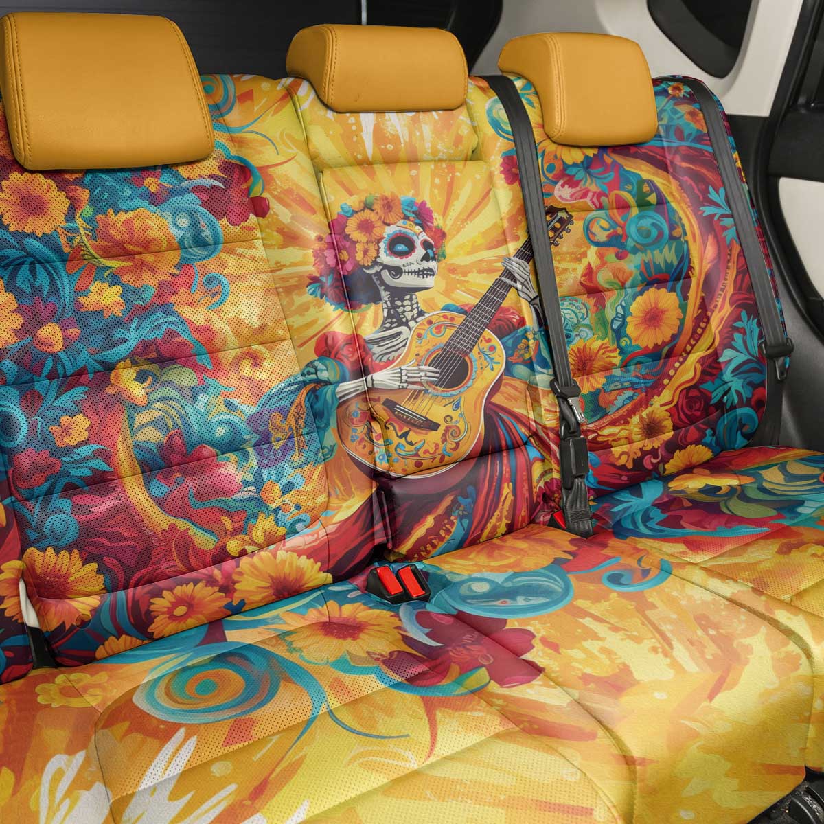 Mexico Day Of The Dead Back Car Seat Cover Sugar Skull Girl With Guitar Colorful Vibes - Wonder Print Shop
