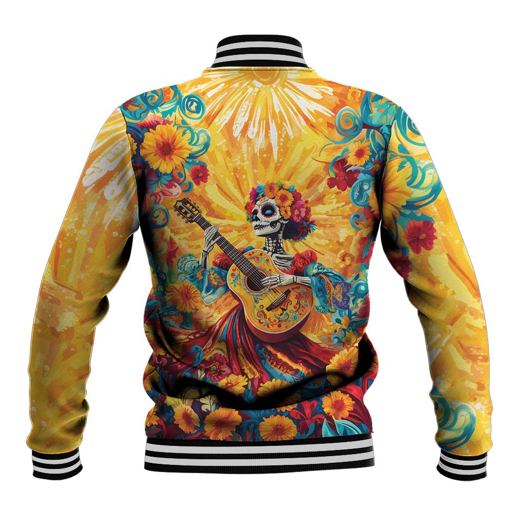 Mexico Day Of The Dead Baseball Jacket Sugar Skull Girl With Guitar Colorful Vibes - Wonder Print Shop