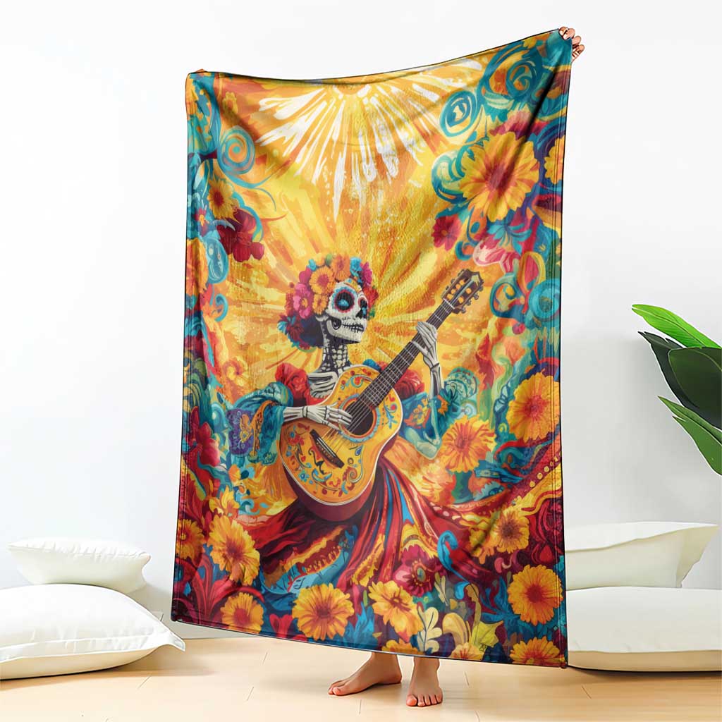 Mexico Day Of The Dead Blanket Sugar Skull Girl With Guitar Colorful Vibes